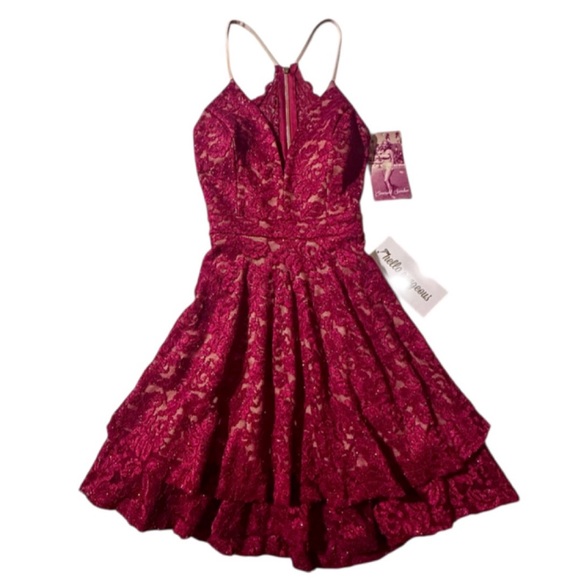 EMERALD SUNDAE Red Lace Racerback Fit & Flare Sparkly Dress Prom Cocktail Wmn S - Picture 3 of 16